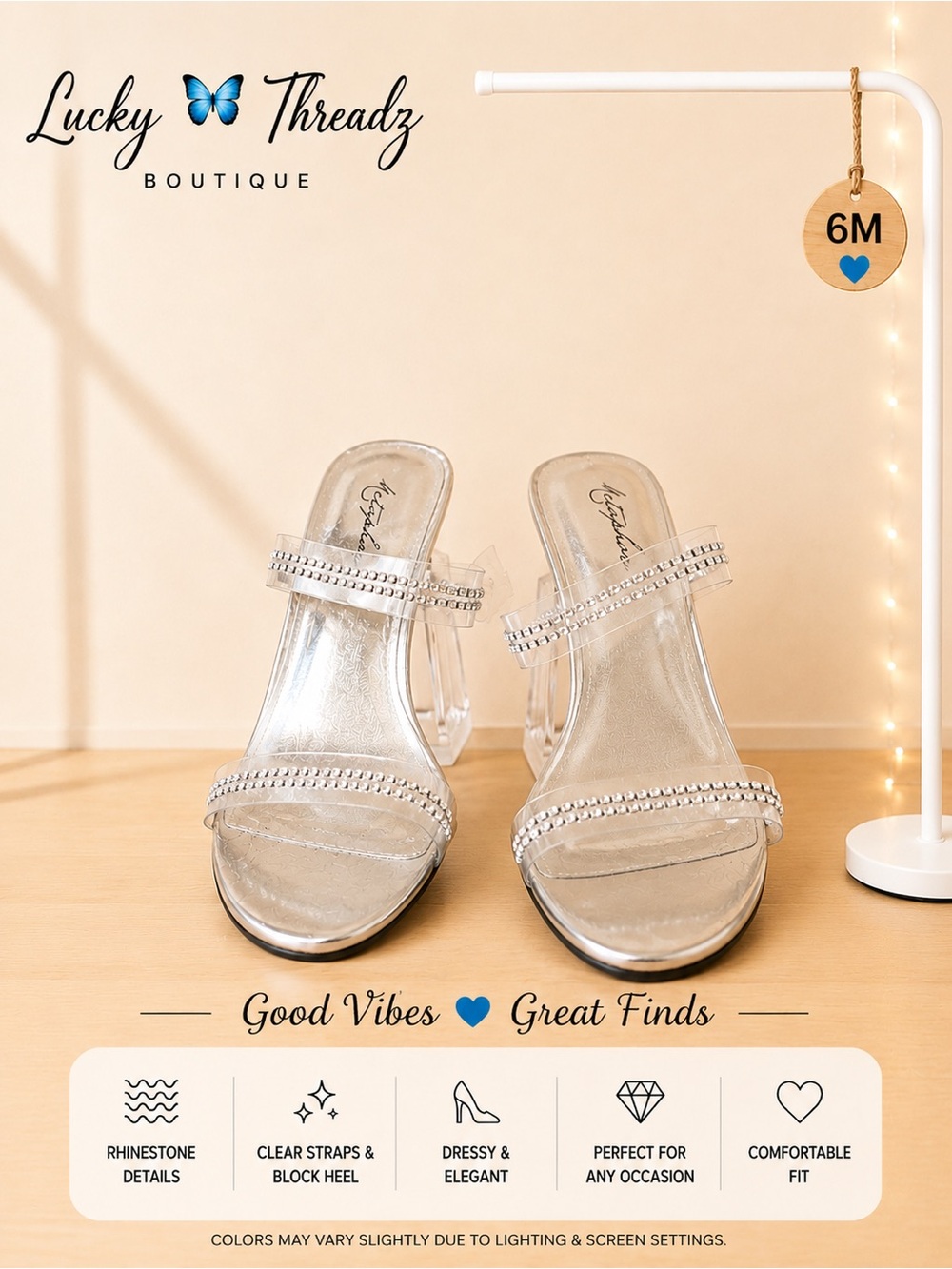⁠Metaphor Silver Clear Strap Rhinestone Block Heels Size 6M⁠